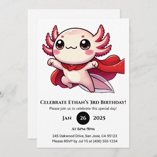 Super Axolotl Hero Birthday Kaart (Voorkant / Achterkant)