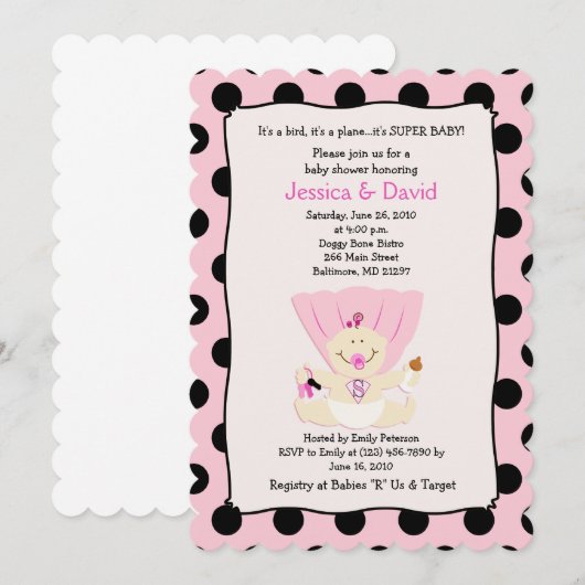Super Baby Girl Baby shower Invitation Scalloped Kaart (Voorkant / Achterkant)
