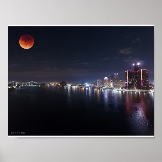 Super Blood Wolf Moon over drone foto van Detroit Poster (Voorkant)