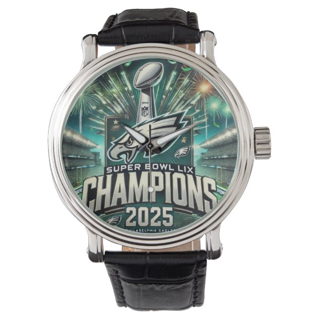SUPER BOWL LIX KAMPIOENSCHAP ZWART LEDEREN HORLOGE (Voorkant)
