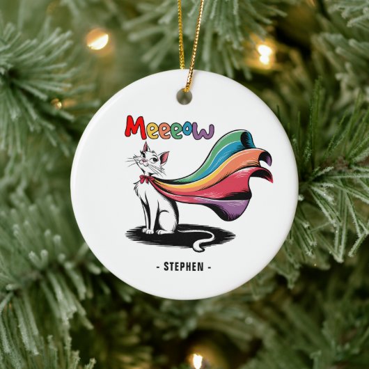 Super Cat Meewow – Rainbow Cape Pride Cat Keramisch Ornament (Boom)