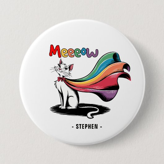 Super Cat Meewow – Rainbow Cape Pride Cat Ronde Button 7,6 Cm (Voorkant)