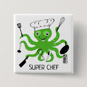 Super Chef Green Octopus Personaliseren Vierkante Button 5,1 Cm