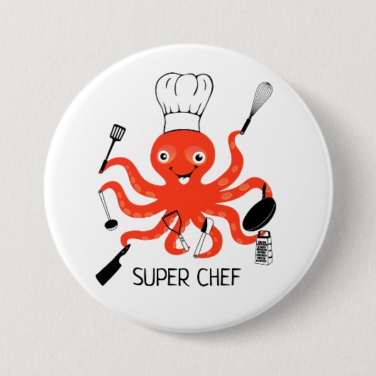 Super Chef Oranje octopus met keukengadgets Ronde Button 7,6 Cm (Voorkant)