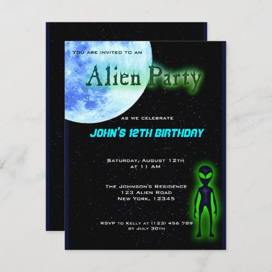 Super Cool Alien Birthday Party Invite Kaart (Voorkant / Achterkant)
