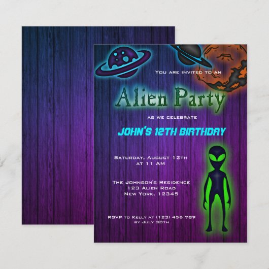 Super Cool Alien Birthday Party Invite Kaart (Voorkant / Achterkant)