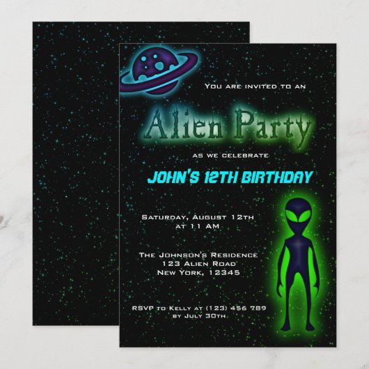 Super Cool Alien Birthday Party Invite Kaart (Voorkant / Achterkant)