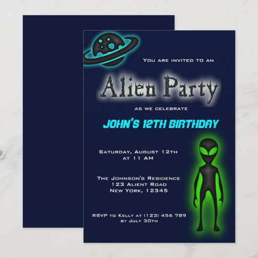 Super Cool Alien Birthday Party Invite Kaart (Voorkant / Achterkant)