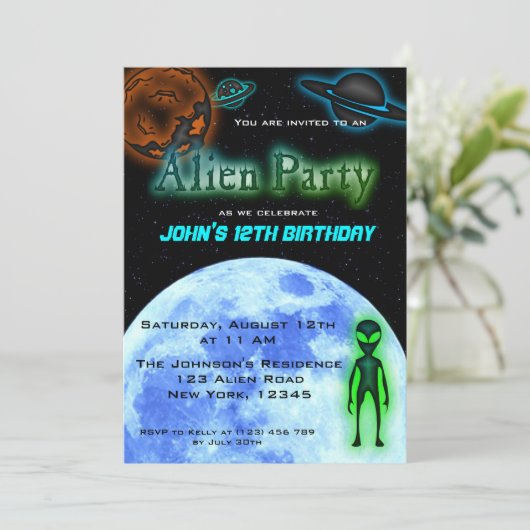 Super Cool Alien Birthday Party Invite Kaart (Staand voorkant)