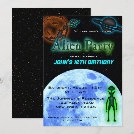 Super Cool Alien Birthday Party Invite Kaart (Voorkant / Achterkant)
