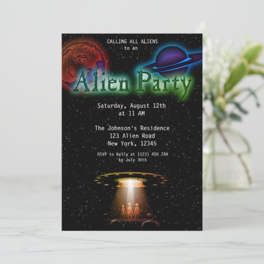 Super Cool Alien & UFO Party Uitnodigen Kaart (Staand voorkant)