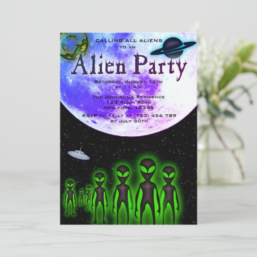 Super Cool Alien & UFO Party Uitnodigen Kaart (Staand voorkant)