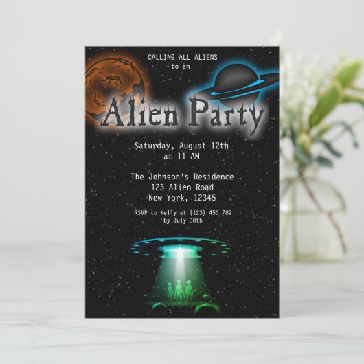 Super Cool Alien & UFO Party Uitnodigen Kaart (Staand voorkant)
