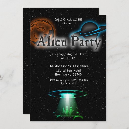 Super Cool Alien & UFO Party Uitnodigen Kaart (Voorkant / Achterkant)