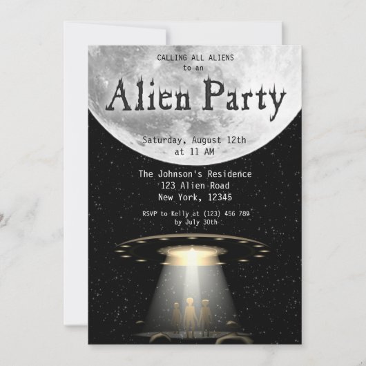 Super Cool Black & White Alien & UFO Party Uitnodi Kaart (Voorkant)