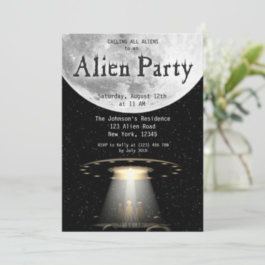 Super Cool Black & White Alien & UFO Party Uitnodi Kaart (Staand voorkant)