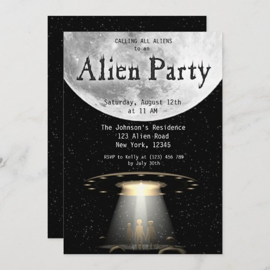 Super Cool Black & White Alien & UFO Party Uitnodi Kaart (Voorkant / Achterkant)