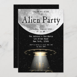 Super Cool Black & White Alien & UFO Party Uitnodi Kaart