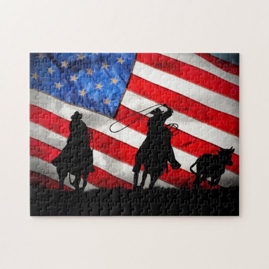 Super Cool Cowboys Roping Steer and Flag Legpuzzel (Horizontaal)