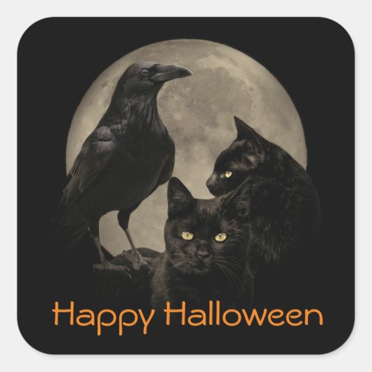 Super Cool Gothic Raven en Cats Halloween Vierkante Sticker (Voorkant)