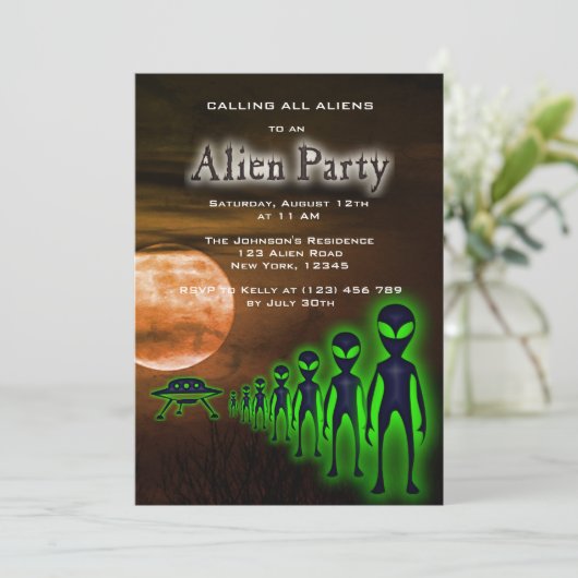 Super Coole Alien & UFO Feest Uitnodiging (Staand voorkant)