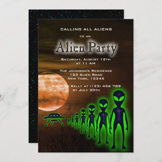 Super Coole Alien & UFO Feest Uitnodiging (Voorkant / Achterkant)