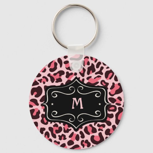 Super Coole Heet Roze Zwart Luipaardprint Monogram Sleutelhanger (Voorkant)