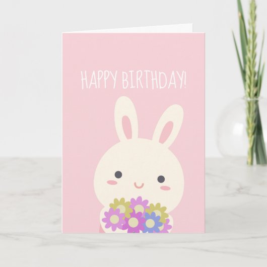 Super Cute Bunny en Flowers Pink Happy Birthday Kaart (Voorkant)