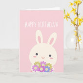 Super Cute Bunny en Flowers Pink Happy Birthday Kaart (Gele Bloem)