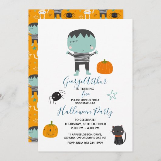 Super Cute Frankenstein boy Halloween Birthday Inv Kaart (Voorkant / Achterkant)