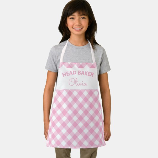 Super Cute Head Baker Pink Gingham Naam Schort (Insitu)