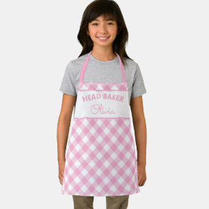 Super Cute Head Baker Pink Gingham Name Apron Schort
