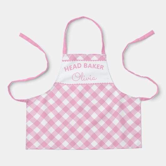 Super Cute Head Baker Pink Gingham Name Apron Schort (Voorkant)