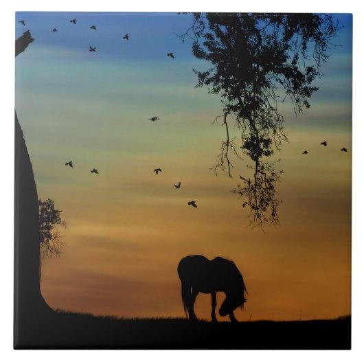 Super Cute Horse and Oak Tree with Birds Tegeltje (Voorkant)