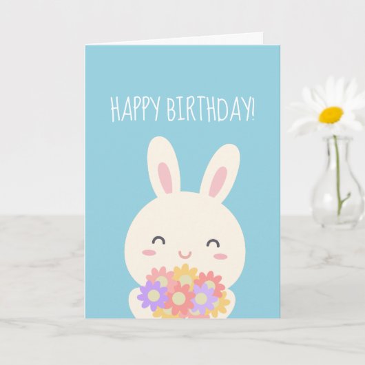 Super Cute Kawaii Bunny & Flowers Happy Birthday Kaart (Kleine Plant)