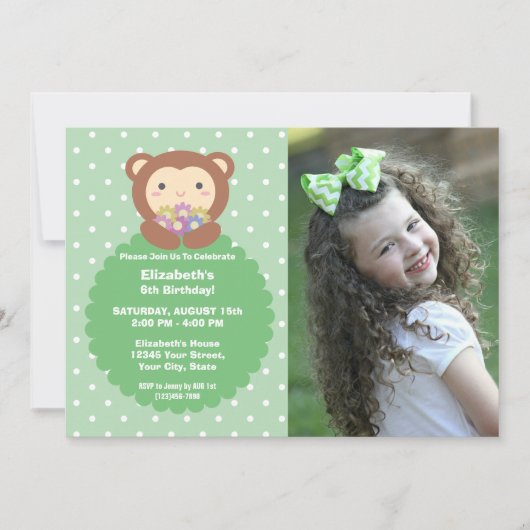 Super Cute Monkey en Flowers Kids Birthday Foto Kaart (Voorkant)