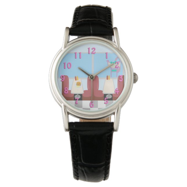 Super Cute Retro Fifties Diner Fun Time Cartoon Wr Horloge (Voorkant)