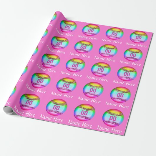 Super Cute Softball Wrapping Paper PERSONALIZED Cadeaupapier (Uitgerold)
