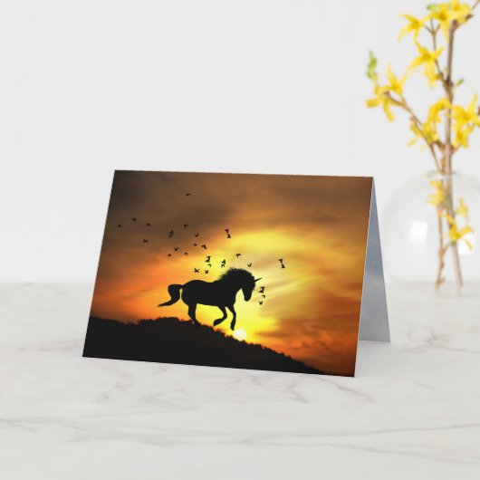 Super Cute Unicorn die op zonsopgang rondloopt Kaart (Gele Bloem)