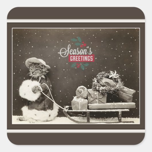 Super Cute Vintage-kerstkat Vierkante Sticker (Voorkant)