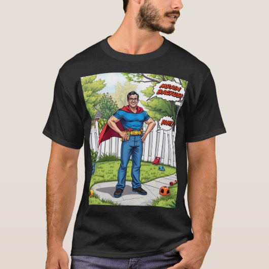 Super Dad in Actie - Comic Style Hero T-shirt (Voorkant)