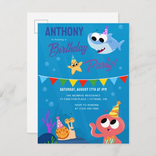 Super eenvoudig | Finny the Shark Ocean Verjaardag Briefkaart (Voorkant / Achterkant)