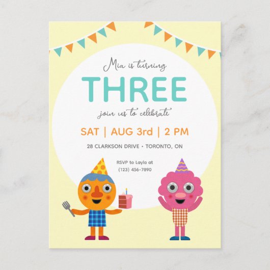 Super eenvoudig | Noodle & Pals Gele Verjaardag Briefkaart (Voorkant)