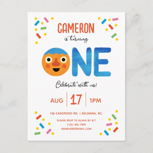 Super Eenvoudige Noodle & Pals Confetti 1e Verjaar Briefkaart (Voorkant)