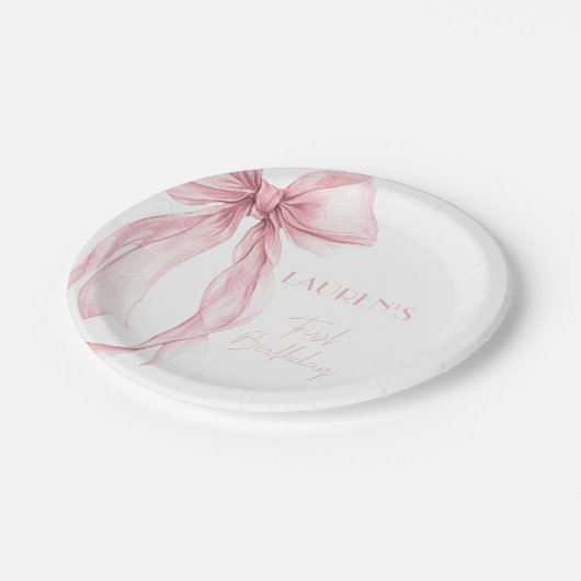 Super Elegant Pink Bow Girl Eerste Verjaardag Papieren Bordje (Gekanteld)