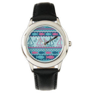 Super Fun Fish and Sailboat Pattern Horloge