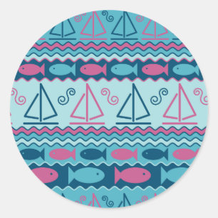 Super Fun Fish and Sailboat Pattern Ronde Sticker