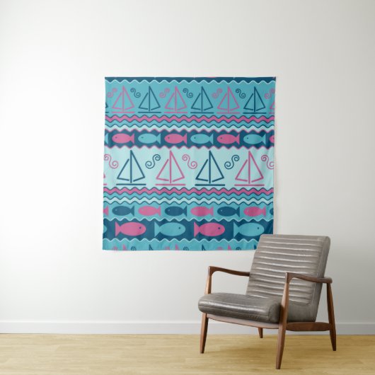 Super Fun Fish and Sailboat Pattern Wandkleed (In Situ (horizontaal))