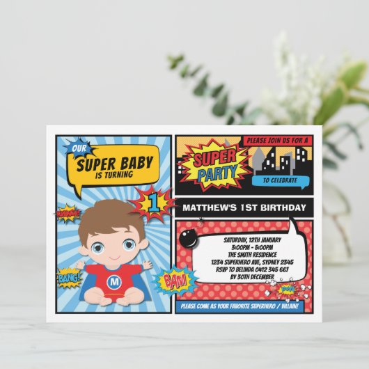 Super Hero 1e verjaardag Superhero Comics Party Kaart (Staand voorkant)