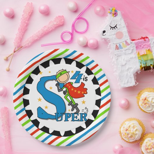 Super Hero Boy 4th Birthday Paper Borden Papieren Bordje (Feest)